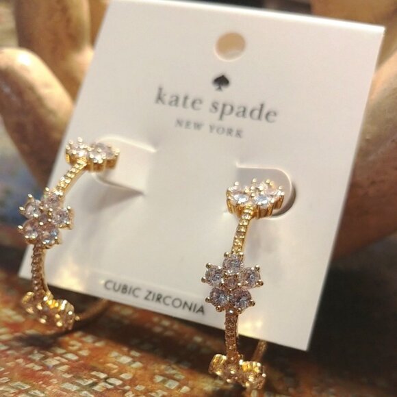 Kate Spade Gleaming Garden Flower Gold In/Out Hoop Post Earrings w/Cubic Zir NWT - Picture 5 of 7